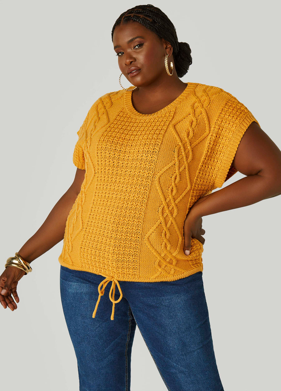 Plus Size Drawstring Cable Knit Sweater