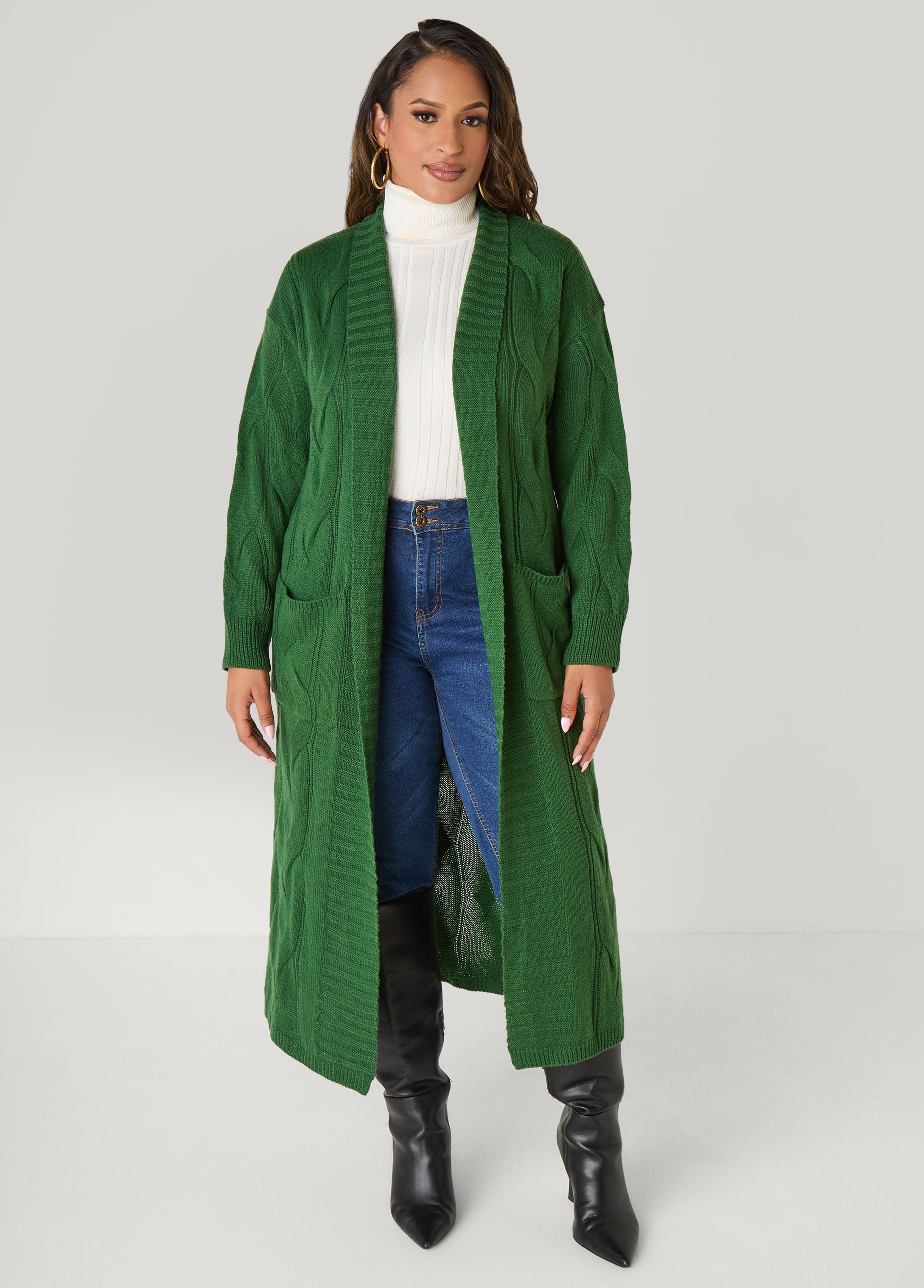 Plus Size Pocketed Cable Knit Duster