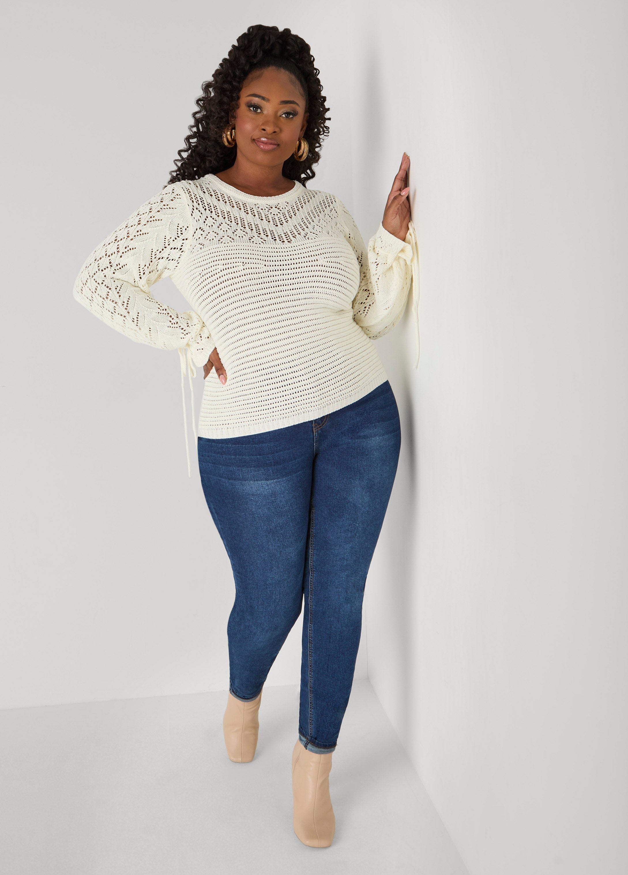 Plus Size Crochet Top Plus Size Open Knit Sweater Drawstring Knit Top