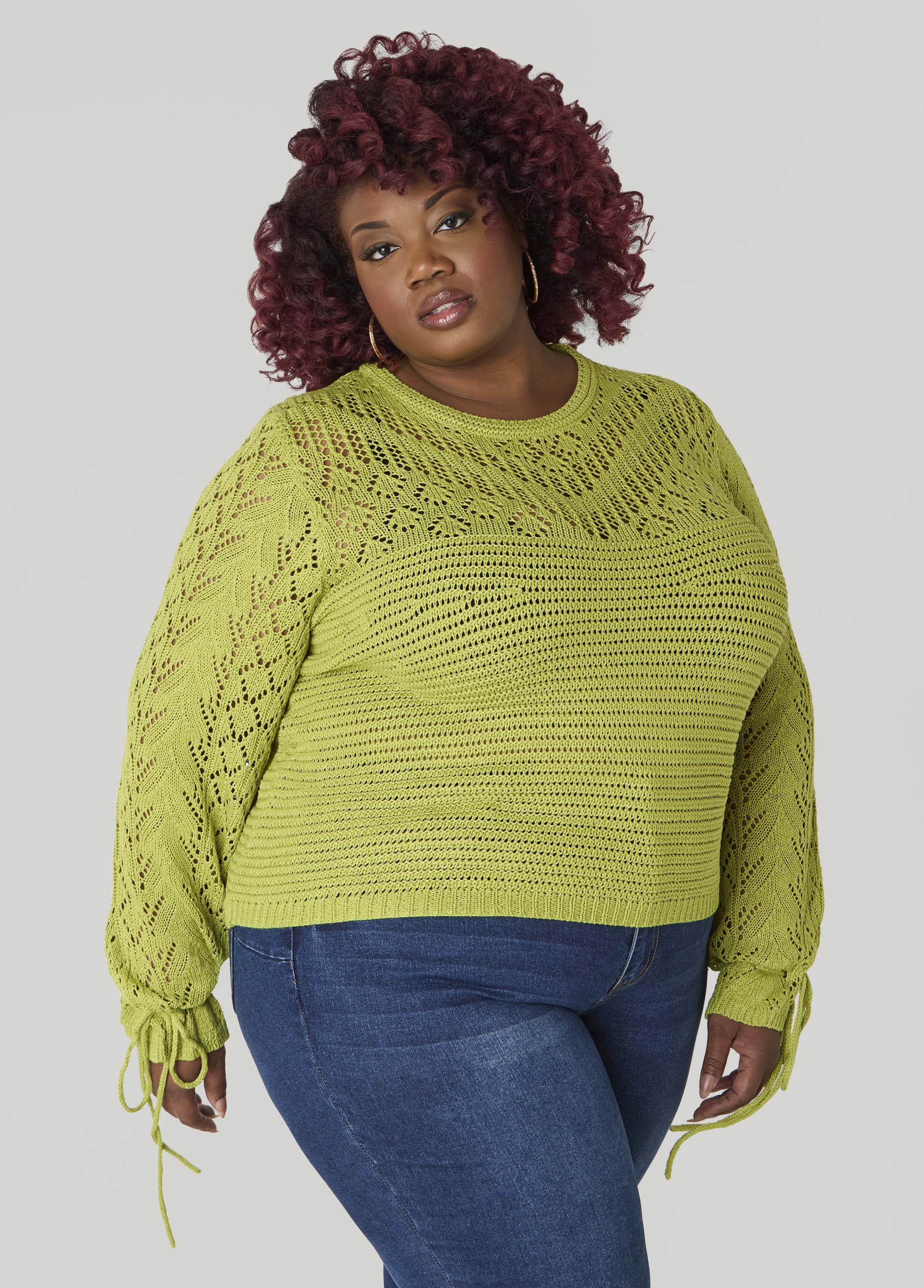 Plus Size Crochet Top Plus Size Open Knit Sweater Drawstring Knit Top