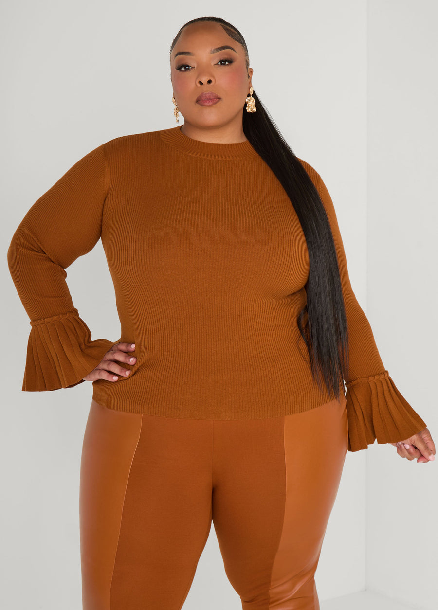 Plus Size Pleated Bell Sleeve Sweater