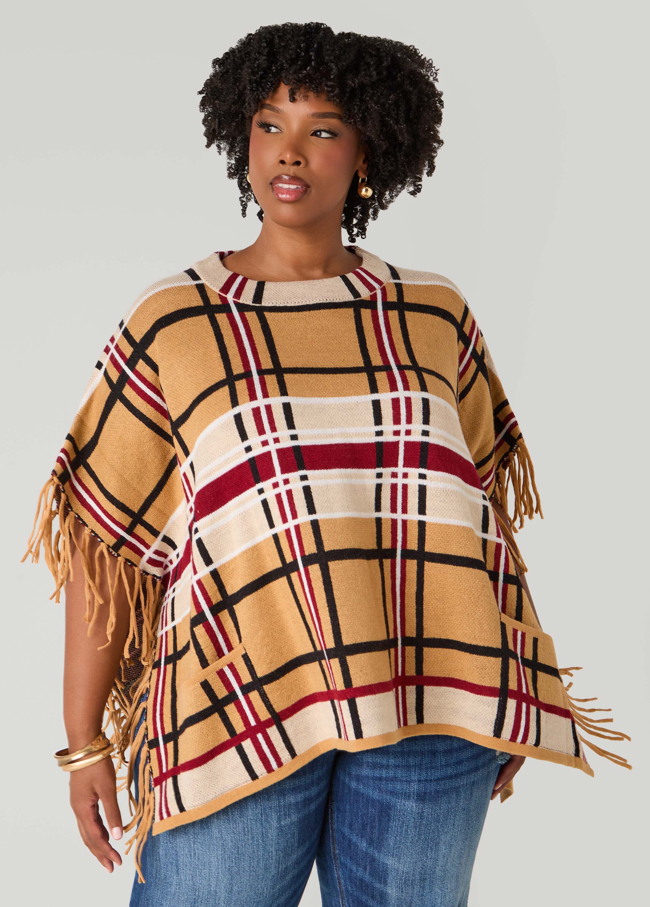 Plus Size Fringed Plaid Poncho