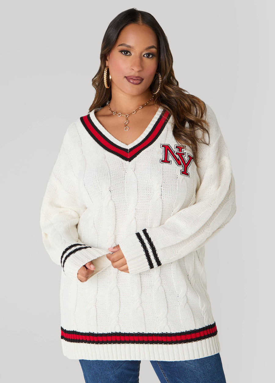 Plus Size V Neck Varsity Sweater