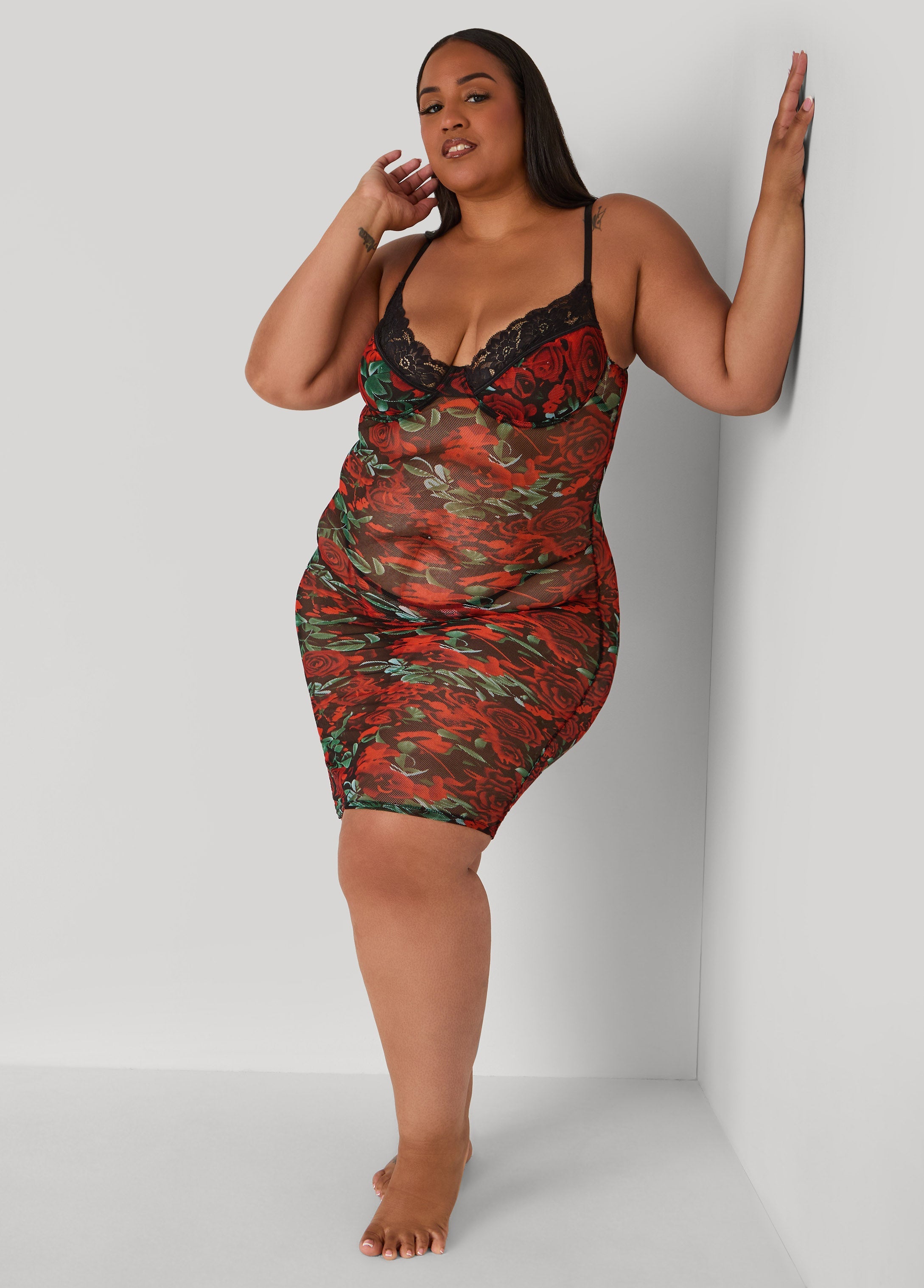 Plus Size Ruched Rose Mesh Chemise Set