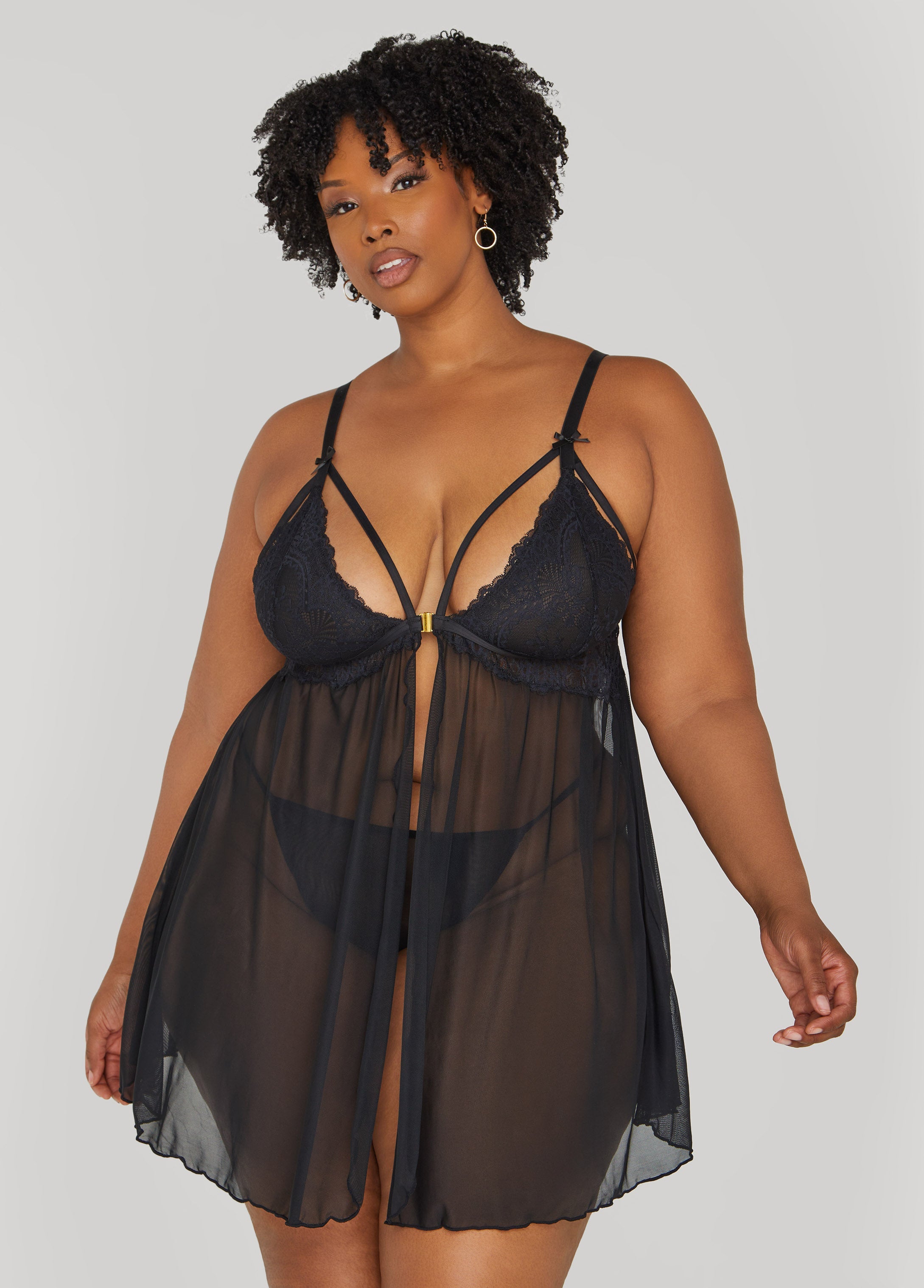Plus Size Mesh And Lace Babydoll Set