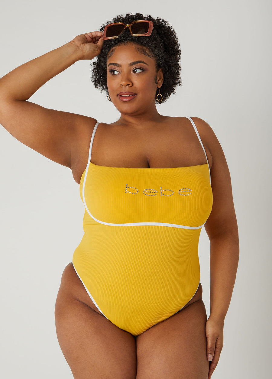 Plus Size Designer Bebe Ribbed Swimsuit Bathing Suit One Piece