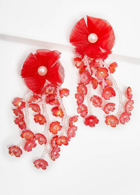 Faux Pearl And Bead Flower Earrings