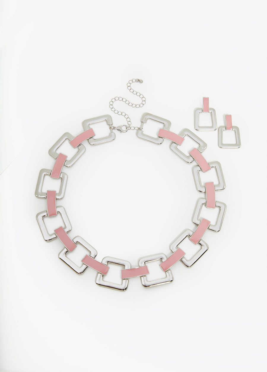 Enamel Silver Tone Necklace Set