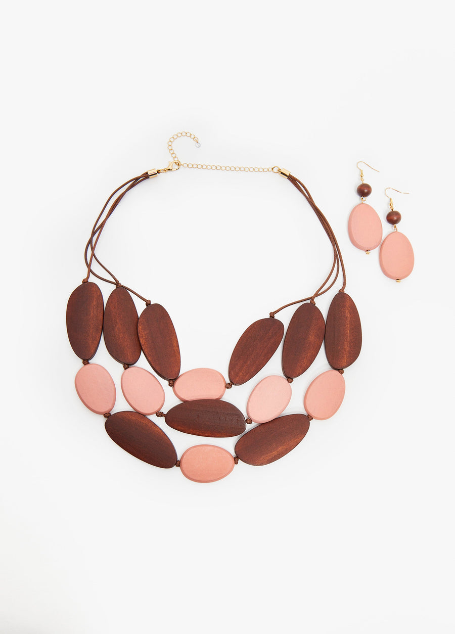 Corded Wood Bead Necklace Set
