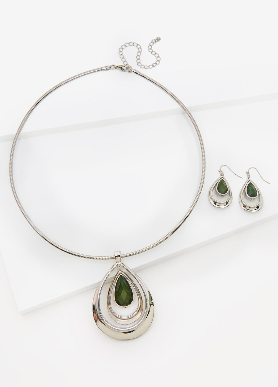 Statement Green Jewelry Teardrop Necklace Trendy Matching Silver Set