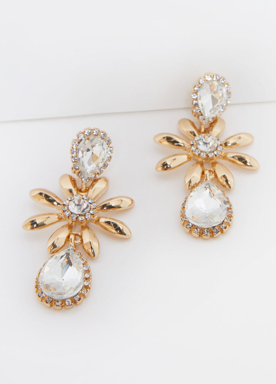 Statement Jewelry Gold Flower Crystal Clip On Fashion Earrings