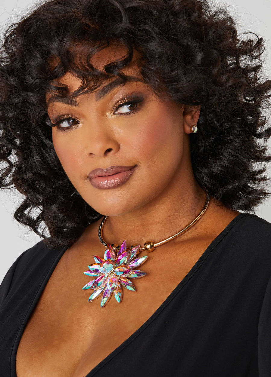 Trendy iridescent crystal necklace set gold fashion statment jewelry