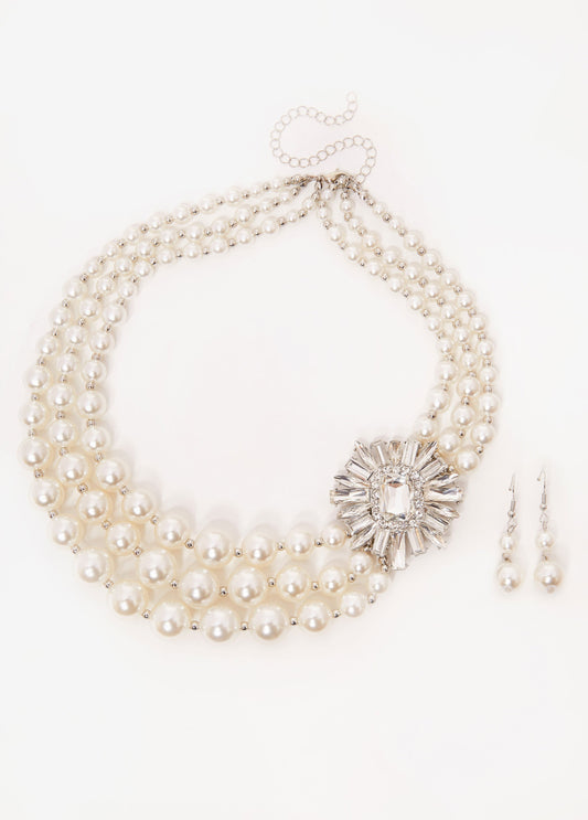 Faux Pearl And Crystal Necklace Set