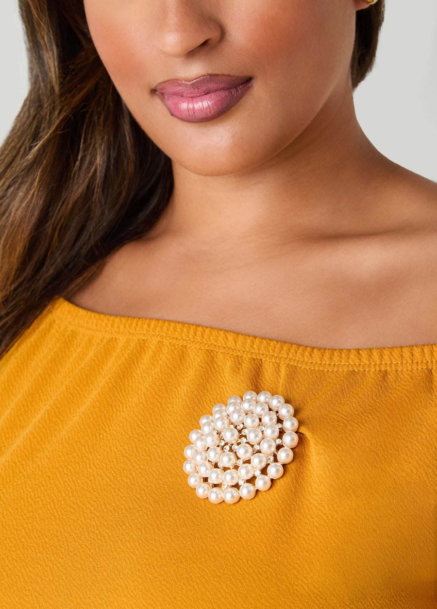 Faux Pearl And Crystal Brooch