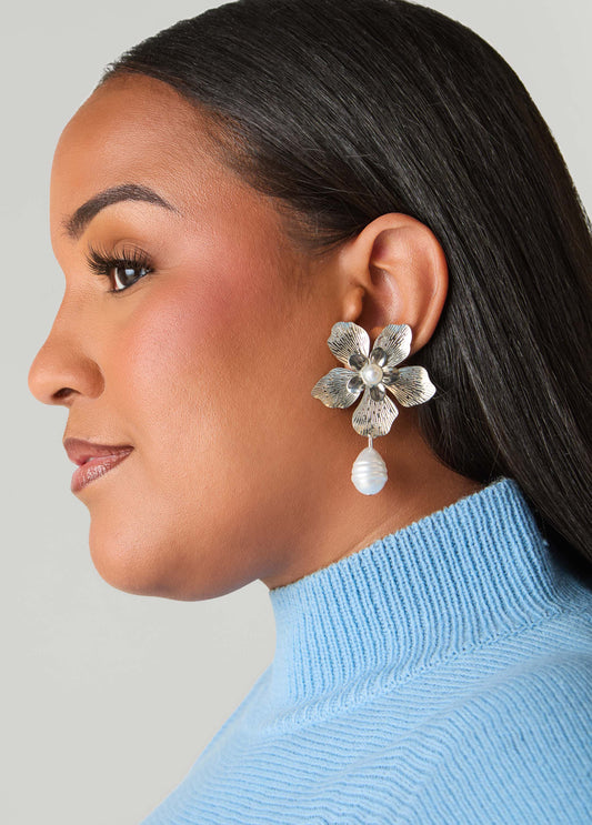 Textured Silver Tone Flower Earrings