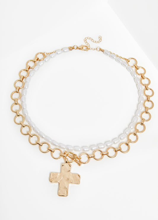 Layered Faux Pearl Cross Necklace