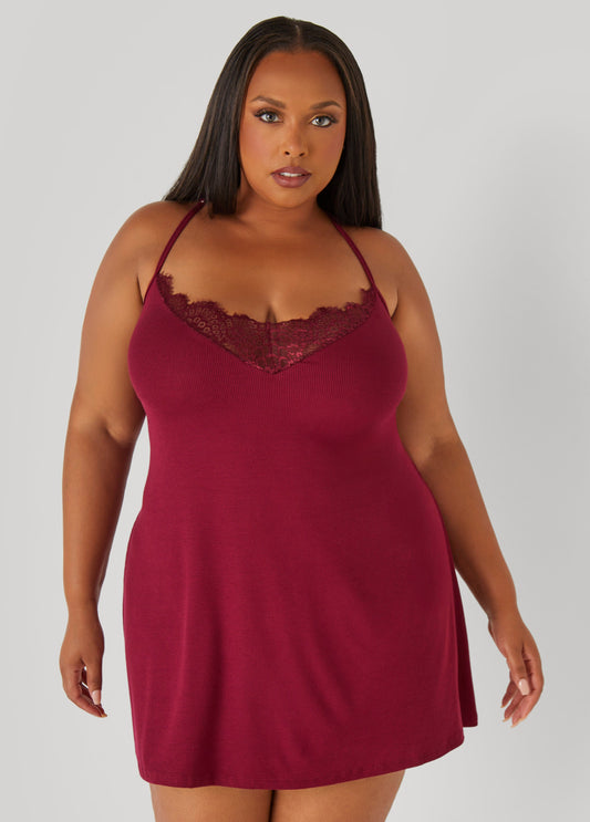 Plus Size Lace Trimmed Ribbed Chemise