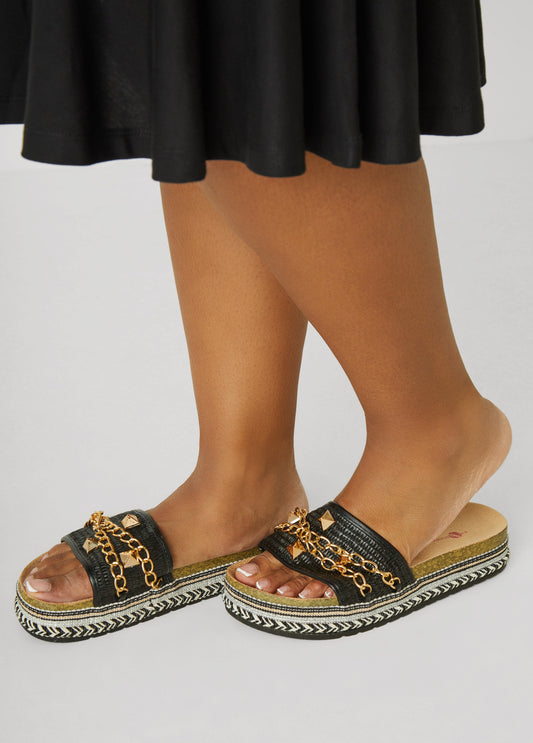 Plus Size Chain Trimmed Faux Leather Sandals