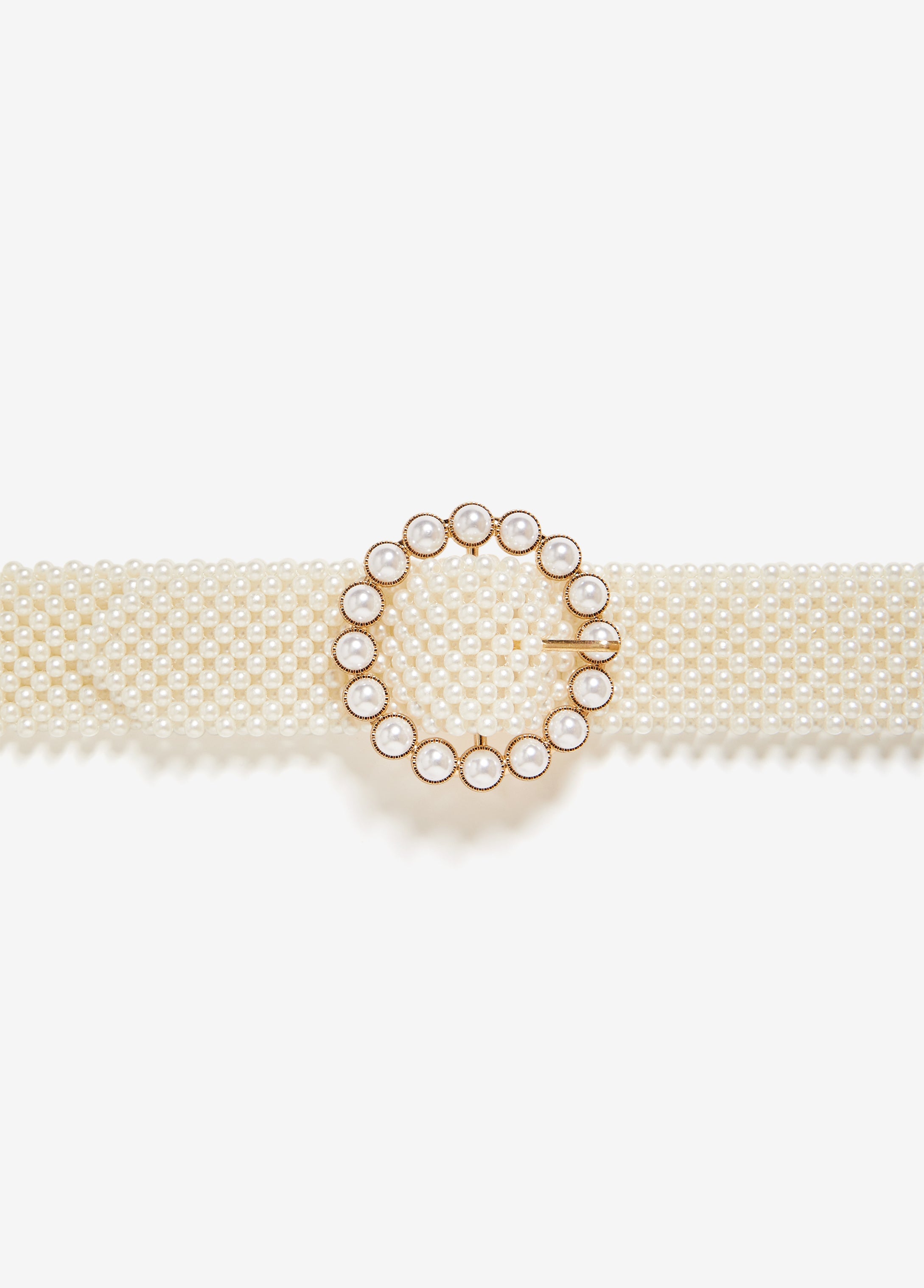 Waist belt with faux pearl embellishments and gold-tone hardware. Buckle fastening at front.