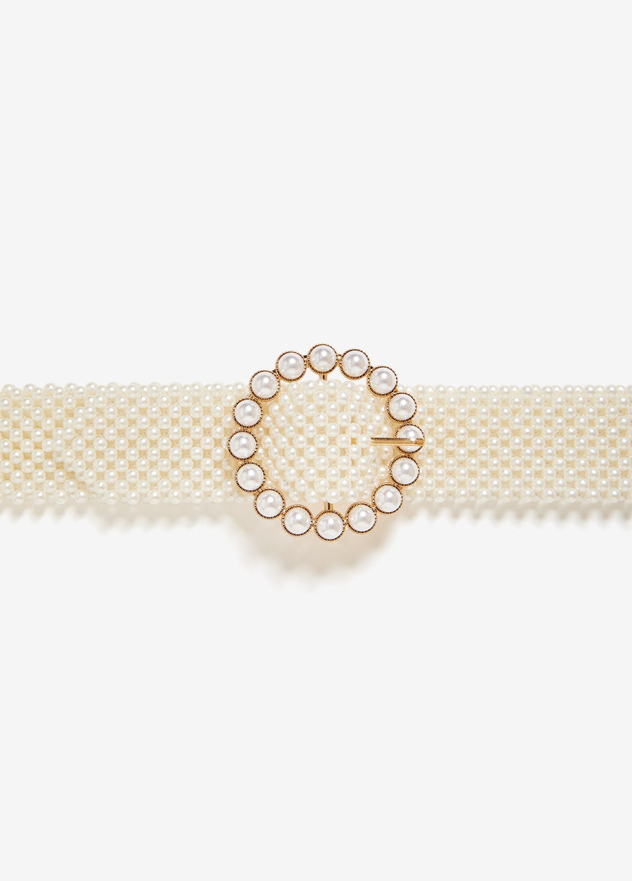 Waist belt with faux pearl embellishments and gold-tone hardware. Buckle fastening at front.