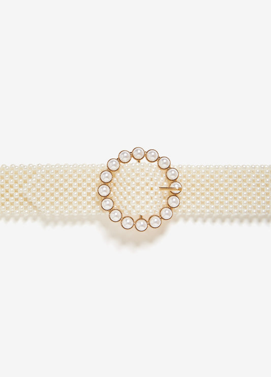 Waist belt with faux pearl embellishments and gold-tone hardware. Buckle fastening at front.
