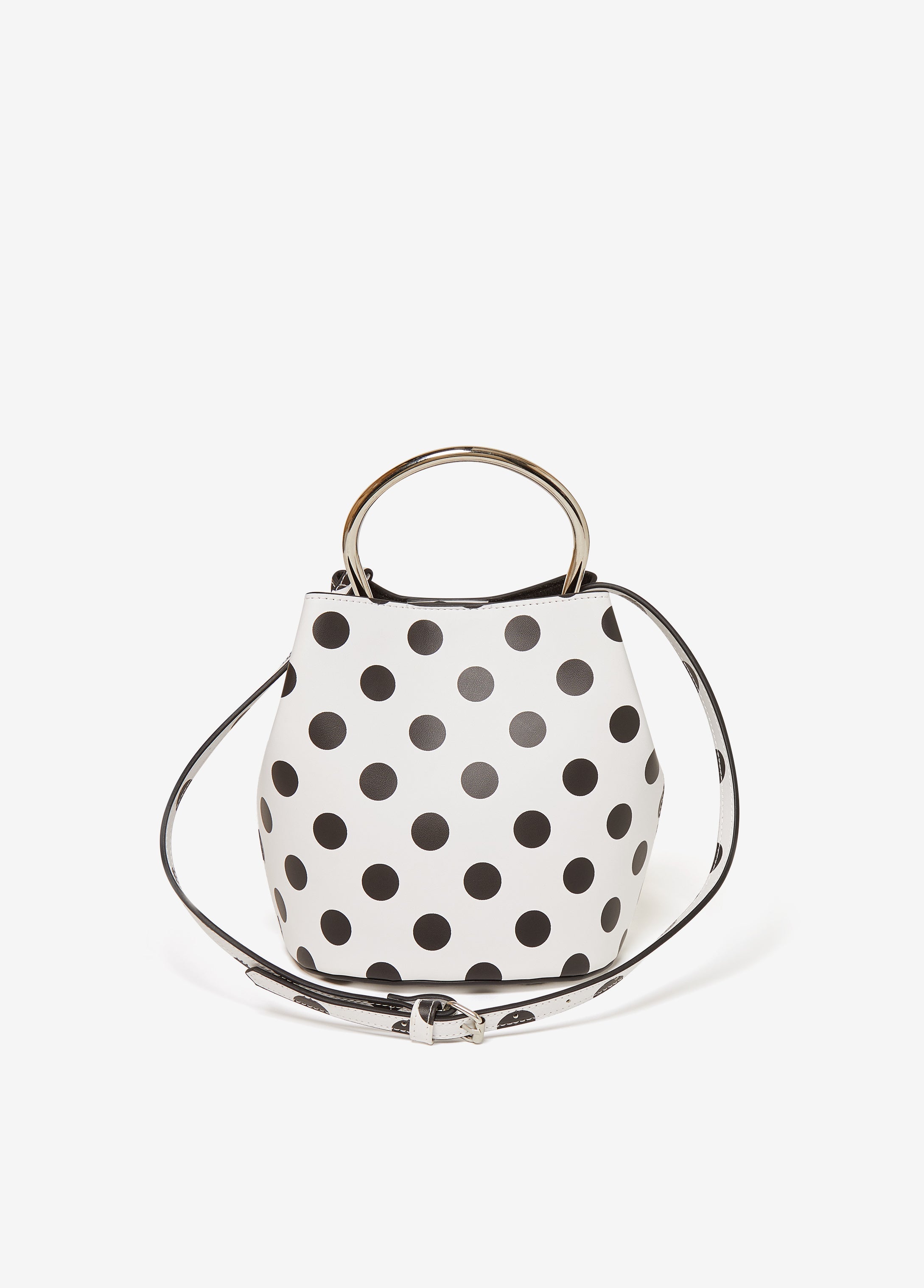 Polka dot faux leather bucket bag with silver-tone hardware, top handle and detachable adjustable shoulder strap.