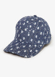 Distressed denim baseball hat with metallic threading, sequin embellishments and adjustable fastening at back.