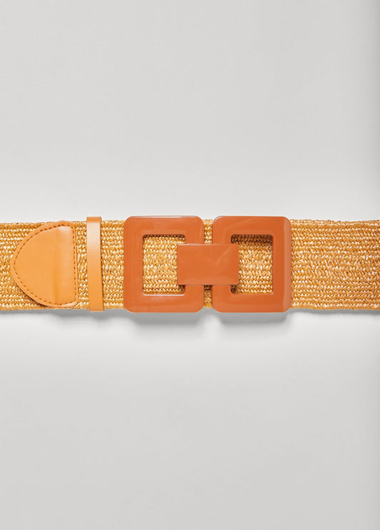 Faux Leather Trimmed Raffia Belt