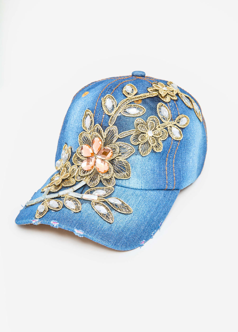 Floral Applique Denim Baseball Hat
