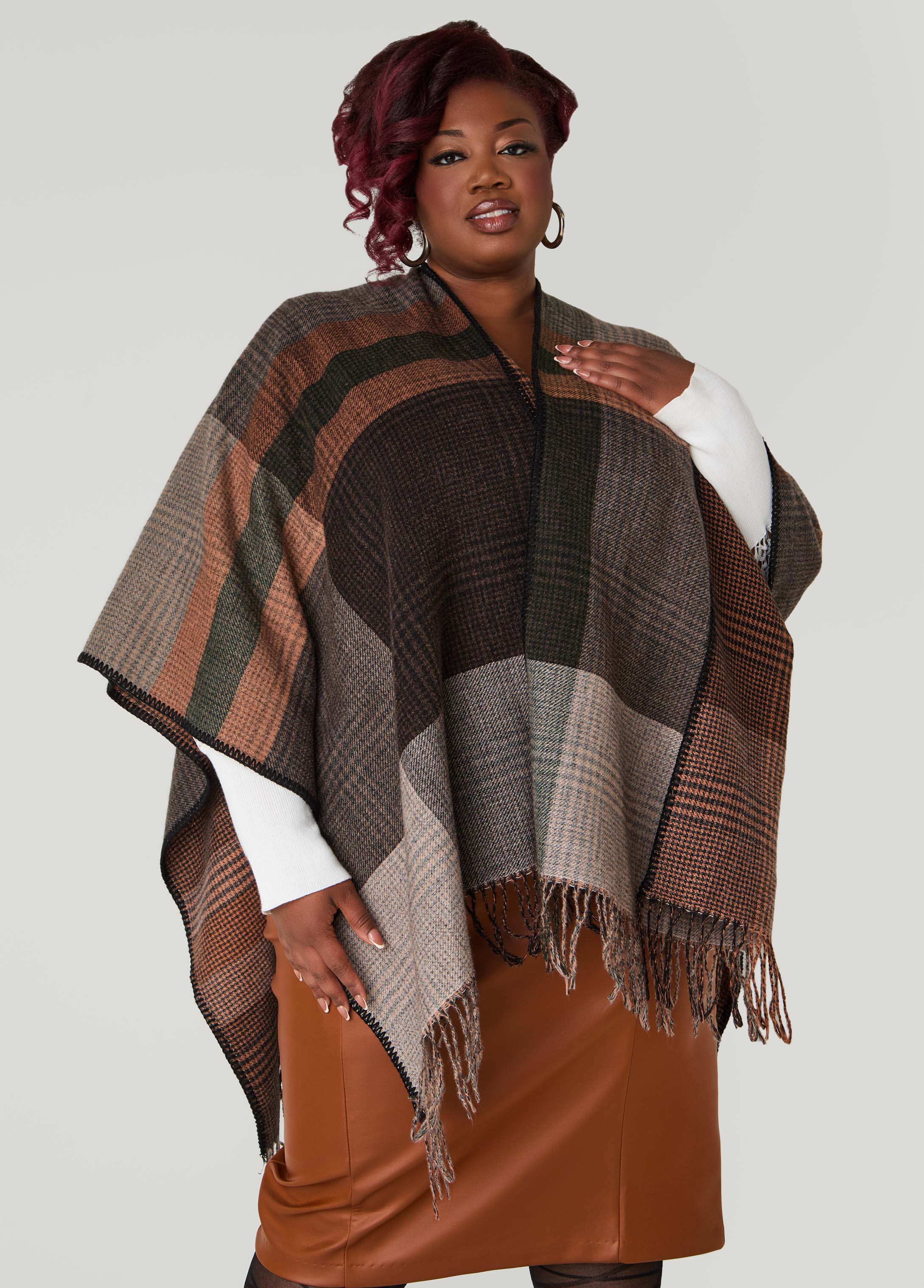 Plus Size Reversible Fringed Plaid Ruana