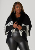 Faux Fur Trimmed Striped Poncho