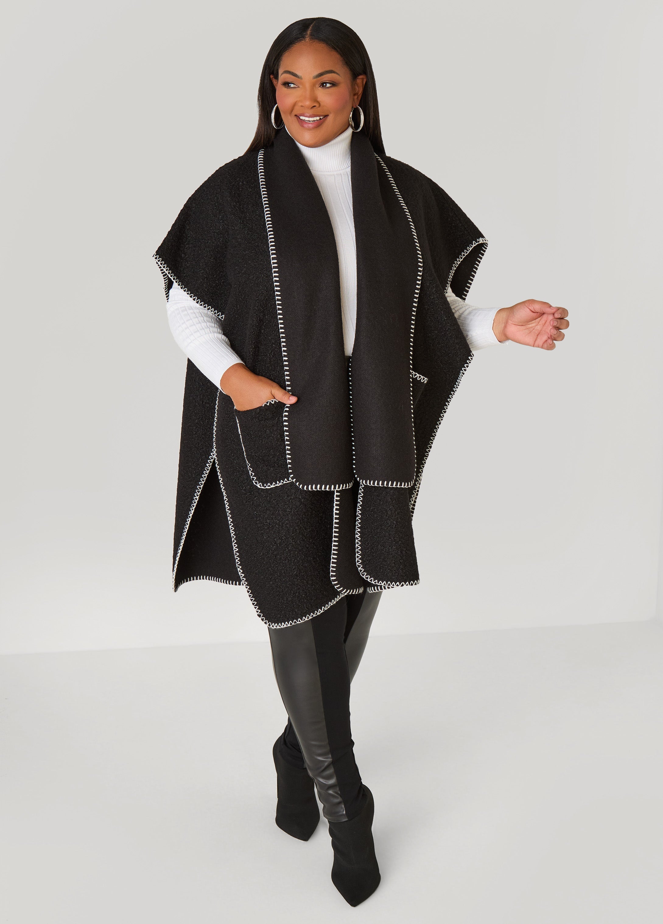 Plus Size Scarf Detailed Bouclé Knit Ruana