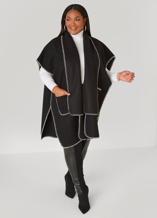 Plus Size Scarf Detailed Bouclé Knit Ruana