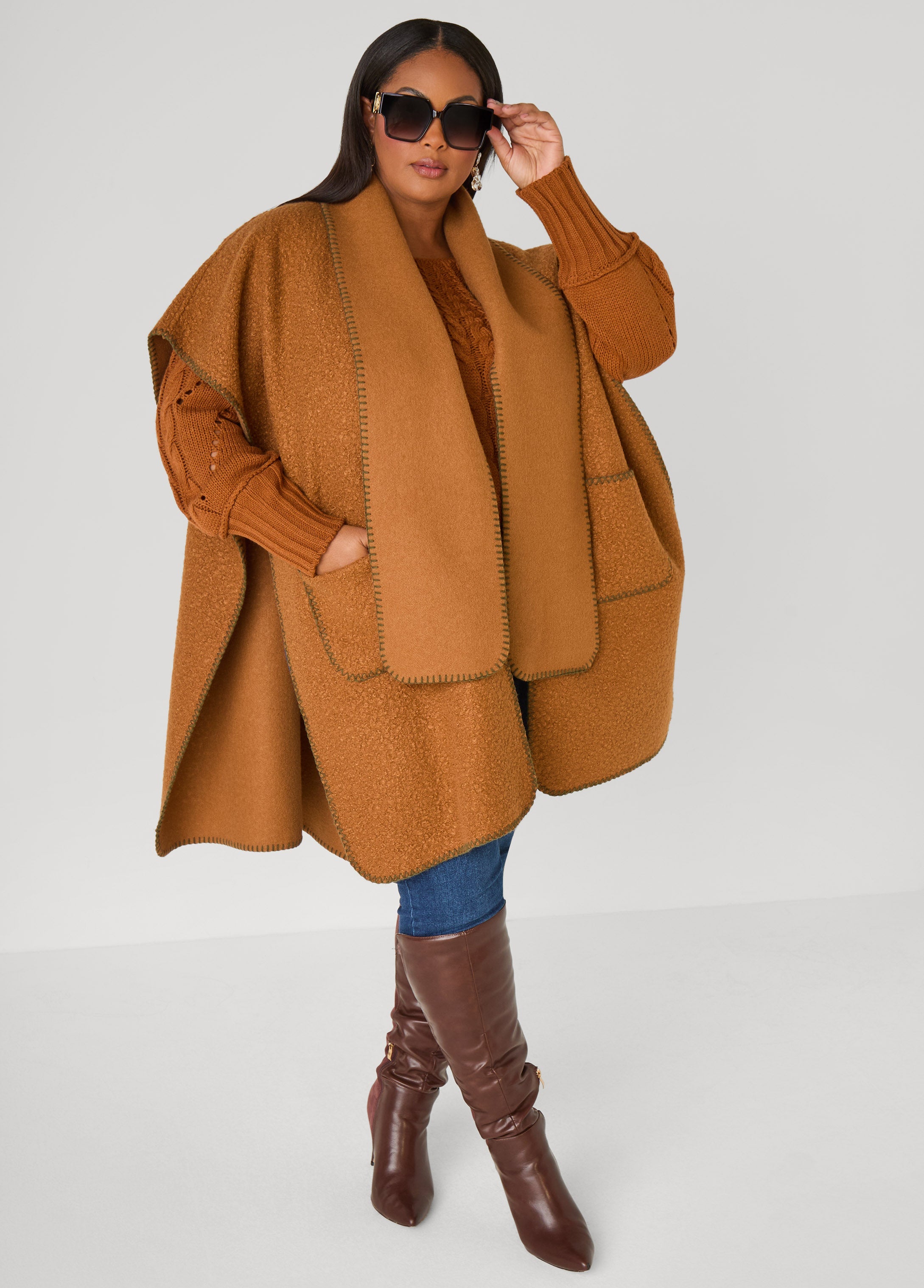 Plus Size Scarf Detailed Bouclé Ruana