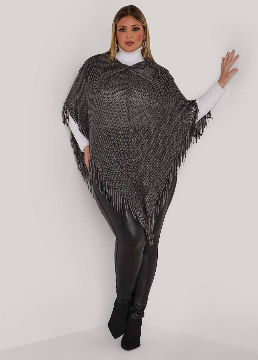 Plus Size Fringed V Cut Ribbed Poncho