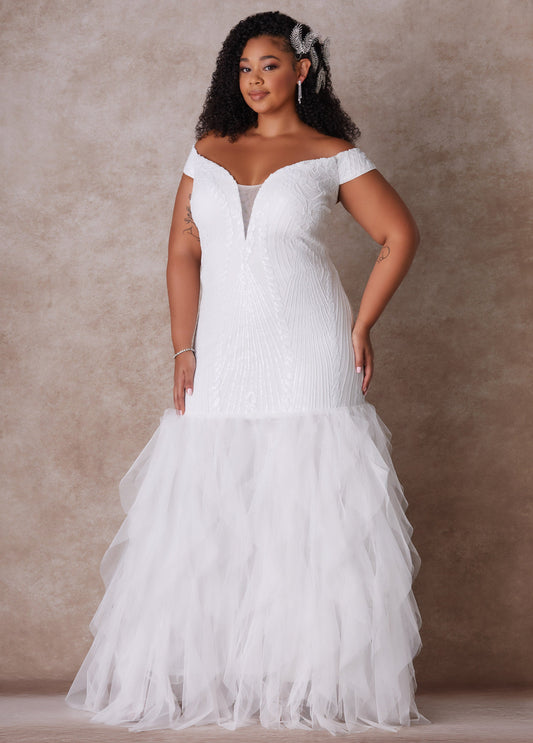Plus Size White Wedding Gown Off The Shoulder Mermaid Bridal Gown	